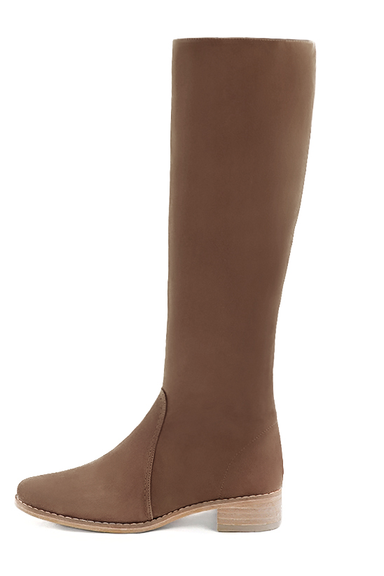 Chocolate brown women's riding knee-high boots. Round toe. Low leather soles. Made to measure. Profile view - Florence KOOIJMAN